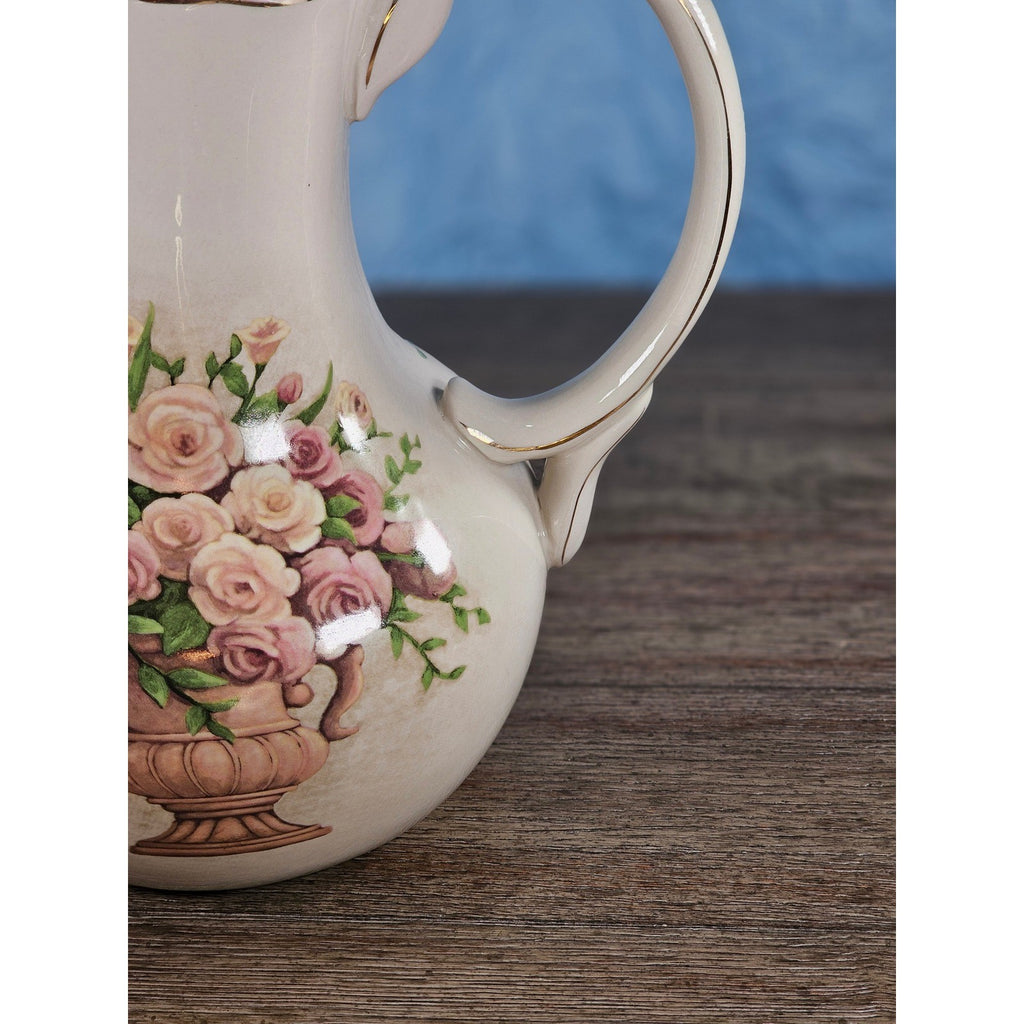 Vintage Belk Floral Ceramic Pitcher Rose Urn Design Cream Vase Handle