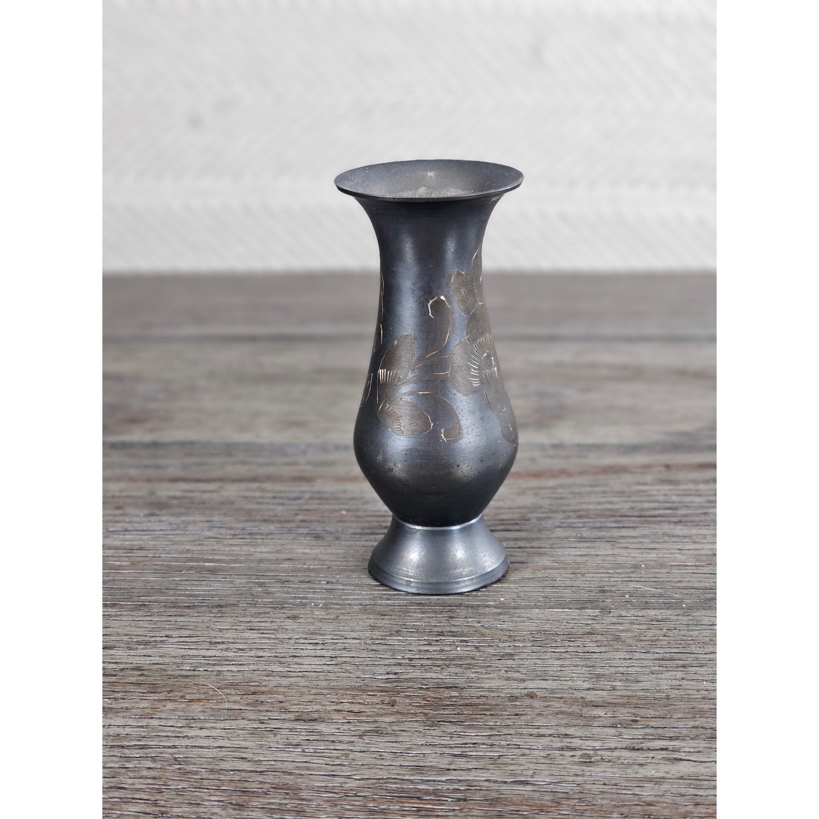 Vintage Etched Pewter Bud Vase Floral Design Small Metal Vase