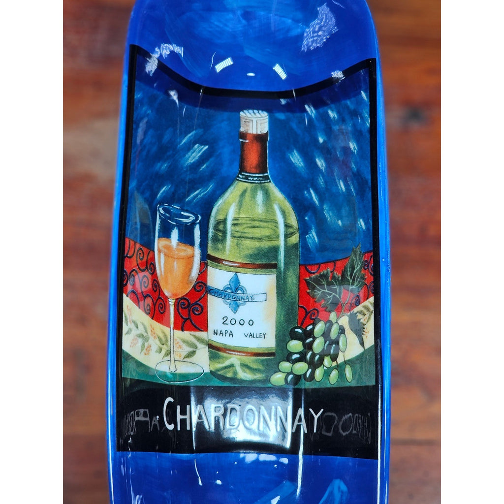 Blue Ceramic Wine Bottle Shaped Serving Dish with Chardonnay Scene NAPA VALLEY