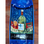 Blue Ceramic Wine Bottle Shaped Serving Dish with Chardonnay Scene NAPA VALLEY