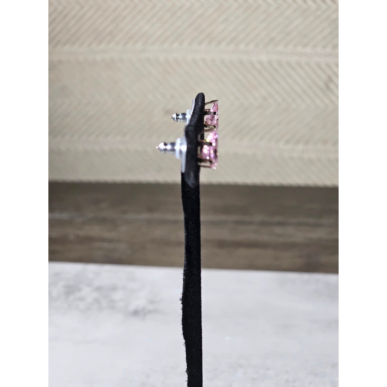 Vintage Pink Teardrop Stud Earrings Silver Tone Used