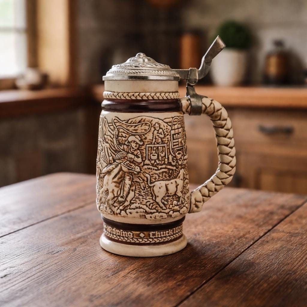 Avon 1980  Western Round Up Stein Pewter Lid Ceramarte