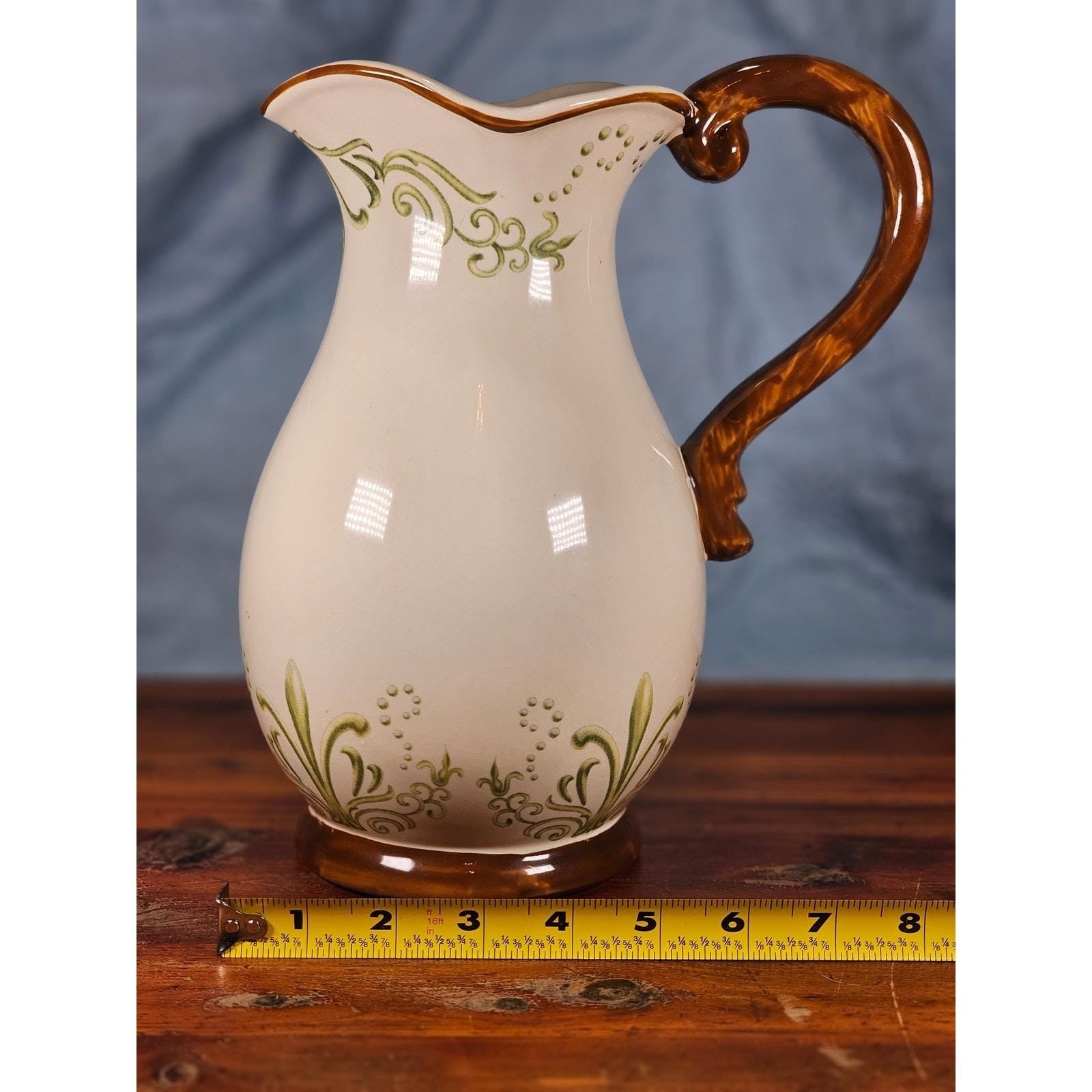 Vintage Ceramic Pitcher Cream Floral Green Brown Handle Holiday Petaluma