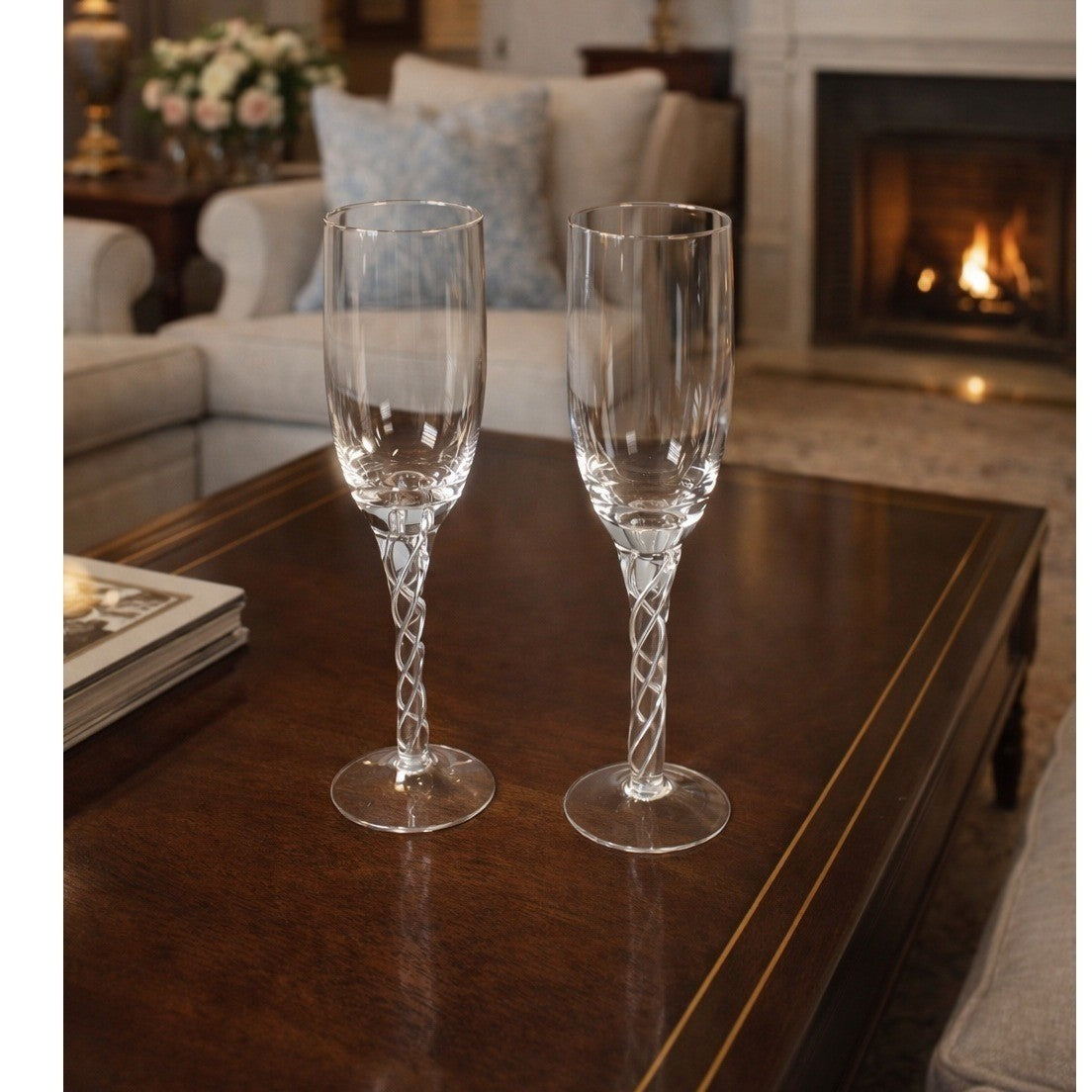 Vintage Twisted Stem Champagne Flutes Set of 2 Clear Glass 9.5 Inch