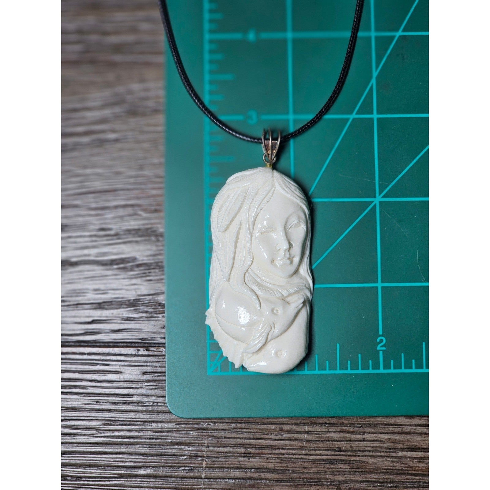 Vintage Buffalo Bone Carved Woman Pendant Necklace 2.5 x 1 Inch