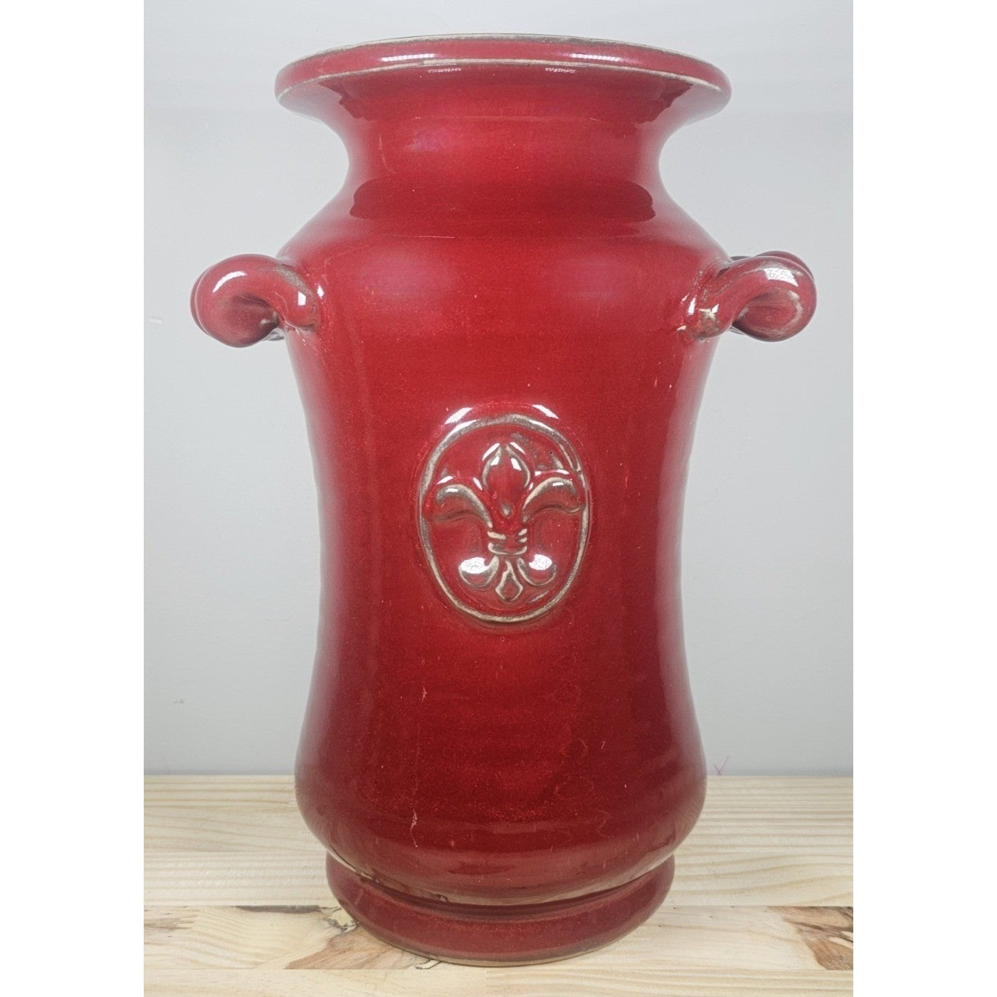 Vintage Burgundy Pottery Vase Fleur De Lis Double Handle Ceramic 11.5"