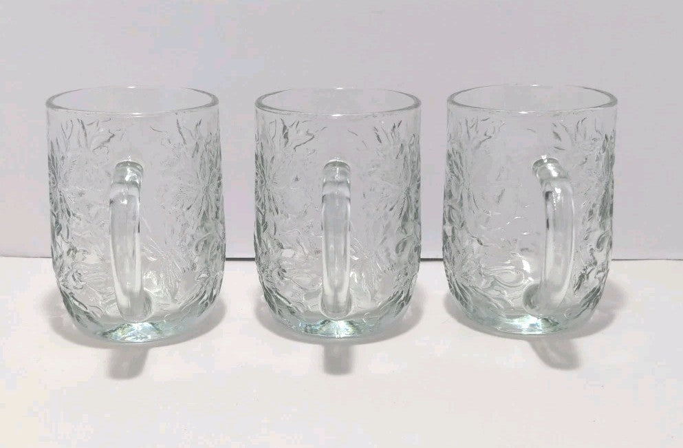 Set of 3 Princess House Fantasia Clear Glass Poinsettia Design Coffee Mug Cup