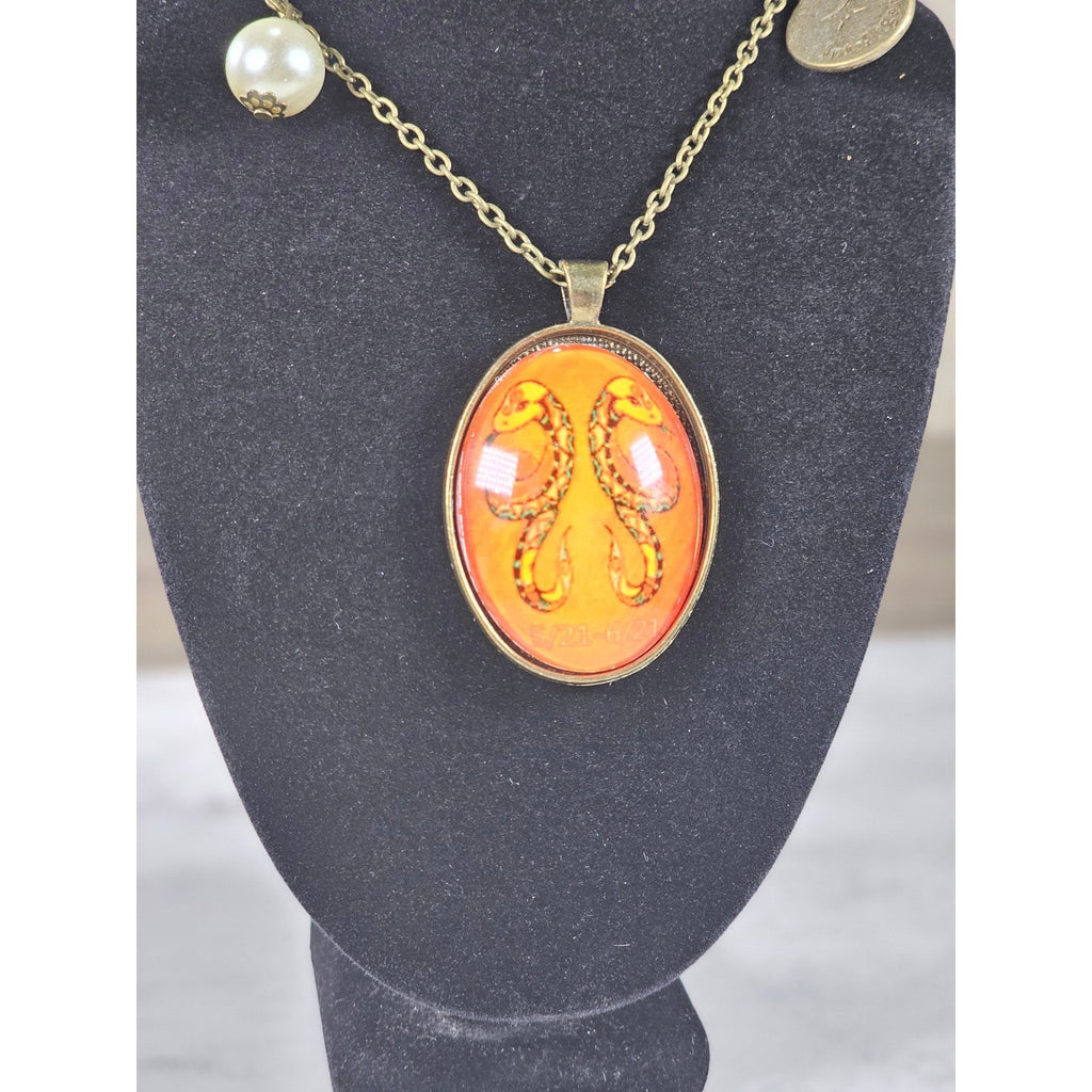 Vintage Gemini Snake Pendant Necklace Orange Zodiac Charm