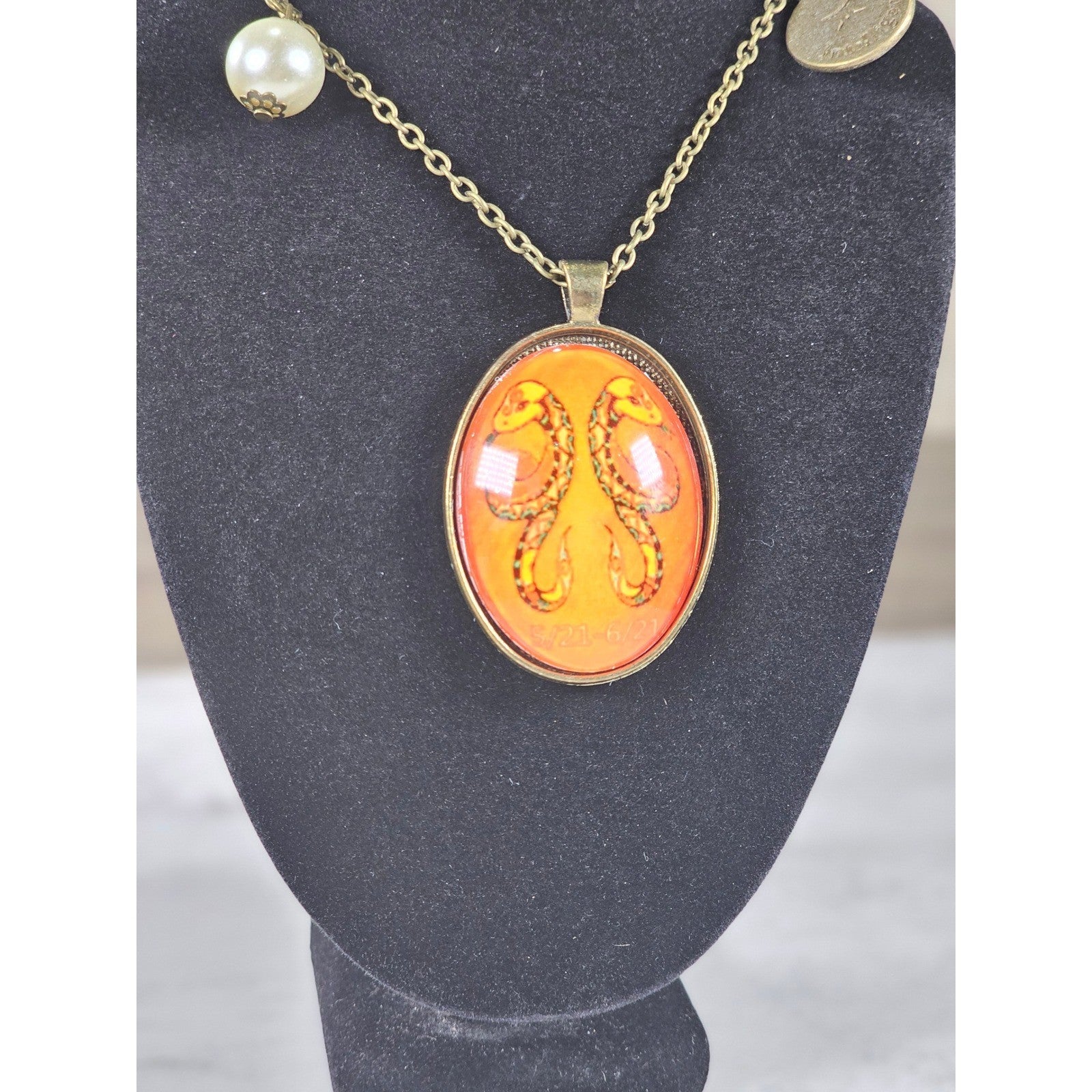 Vintage Gemini Snake Pendant Necklace Orange Zodiac Charm