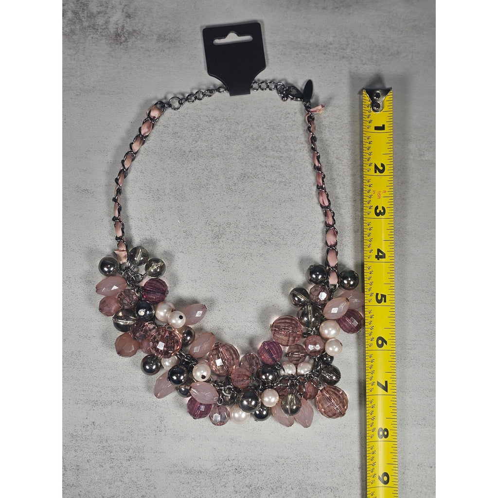 Vintage Pink Beaded Cluster Necklace with Ribbon Chain Detail