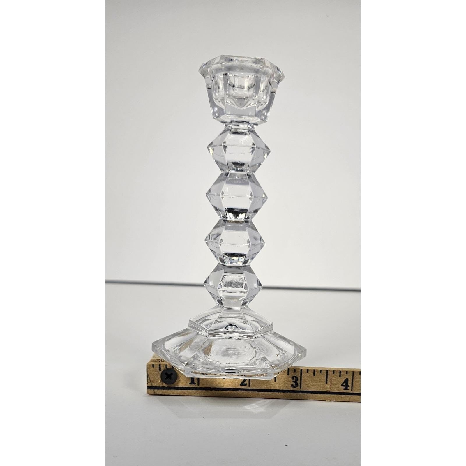 Vintage Faceted Crystal Candlestick Holder Hexagonal Base 5 Inch