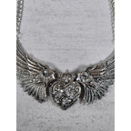 Vintage Winged Heart Rhinestone Necklace Silver Tone Statement