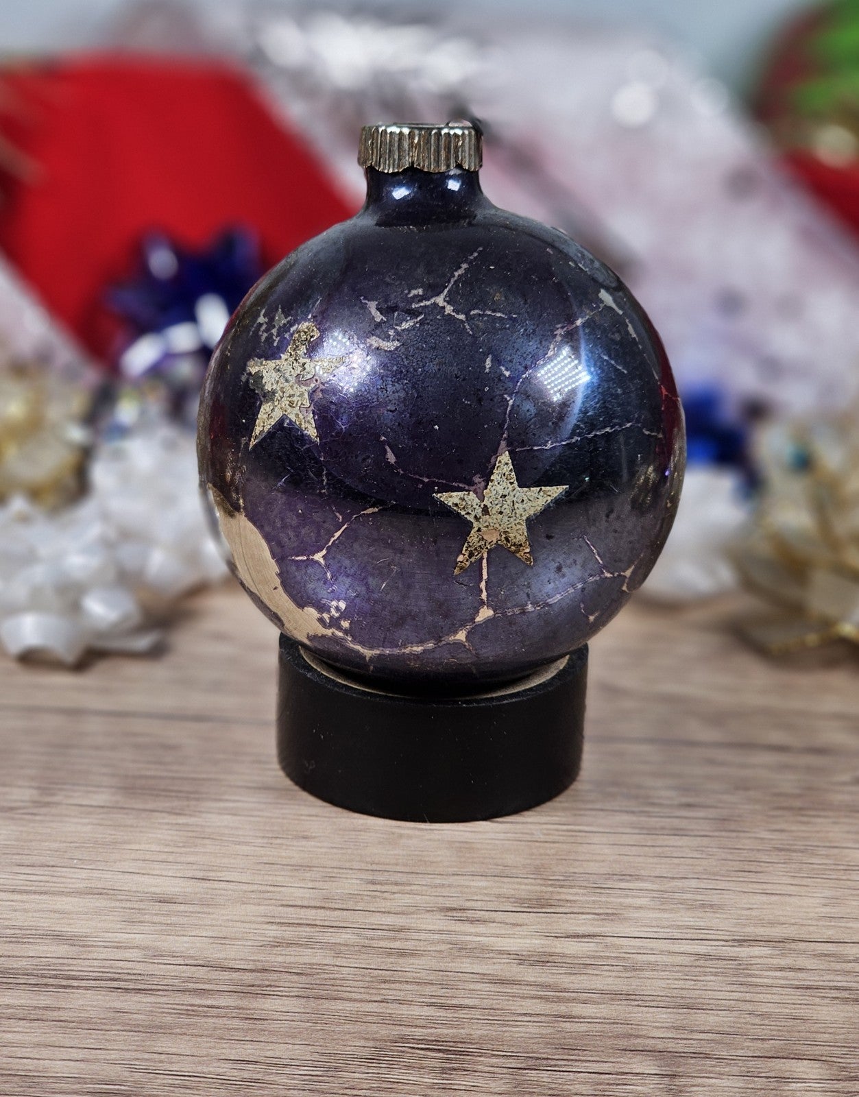 Set of 3 70s Vgt Hand Blown Glass Christmas Ornaments Strips and Stars