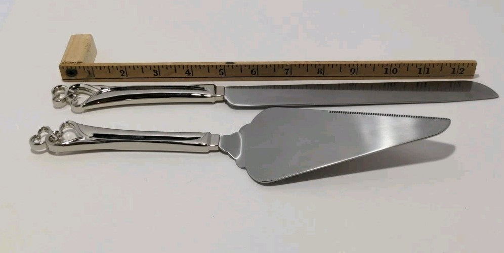 Wedding Promises Cake Knife & Server Set - Double Heart Design - Stainless Steel