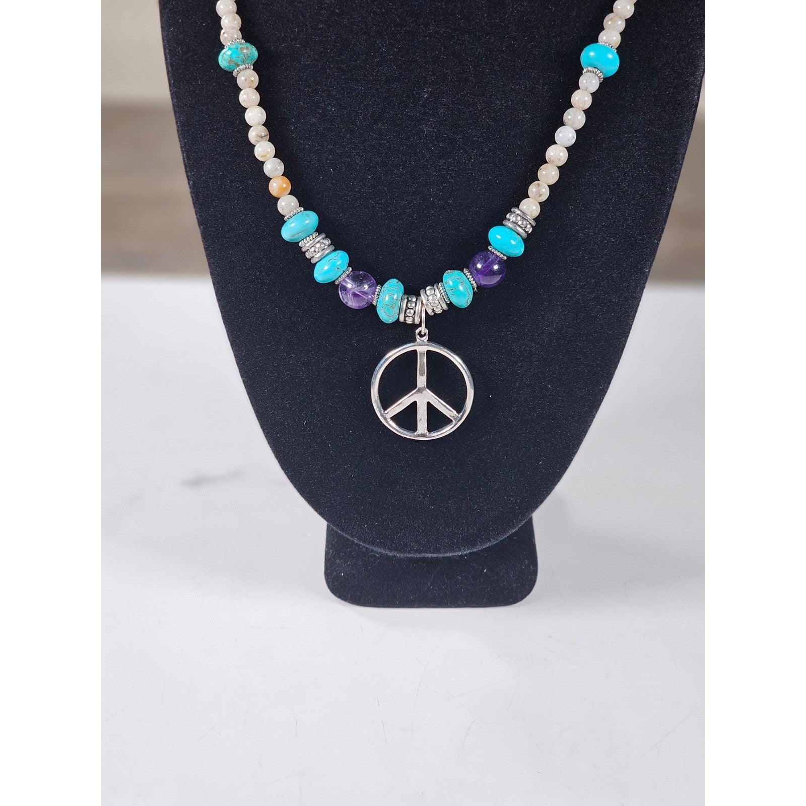 Vintage Peace Sign Necklace Turquoise Beads Amethyst Accent Pendant