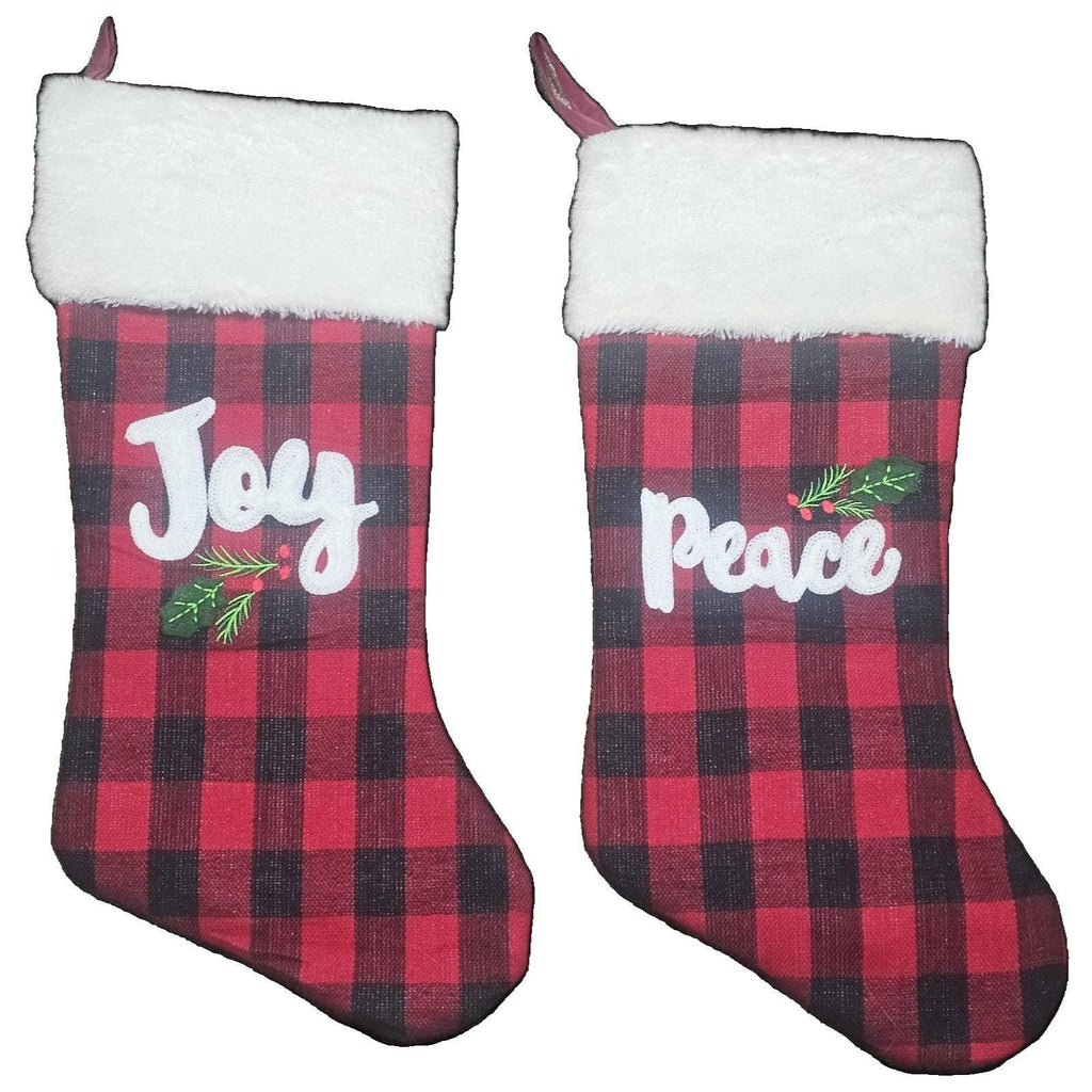 Vintage Buffalo Plaid Christmas Stockings Set of 2 Joy Peace 19"