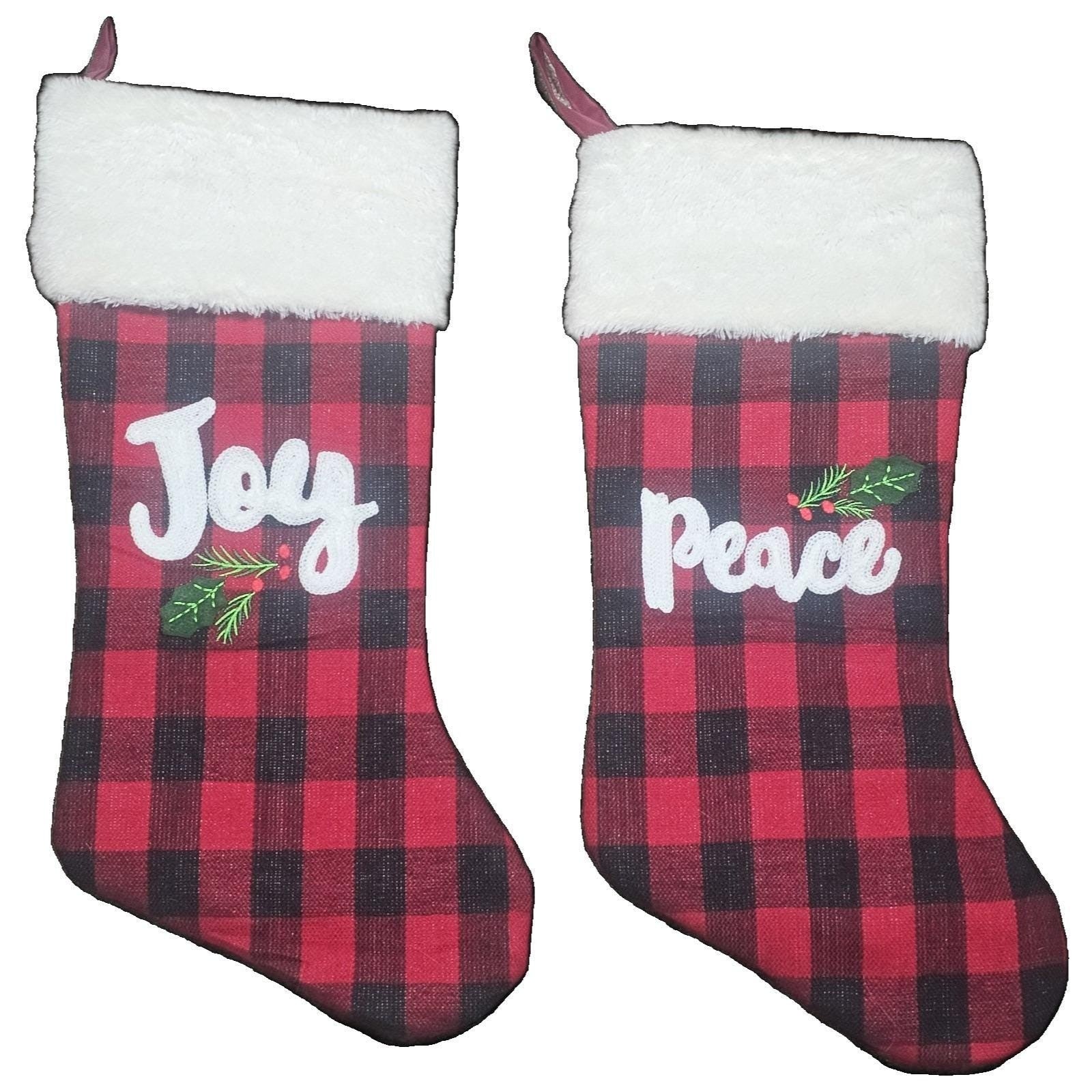 Vintage Buffalo Plaid Christmas Stockings Set of 2 Joy Peace 19"