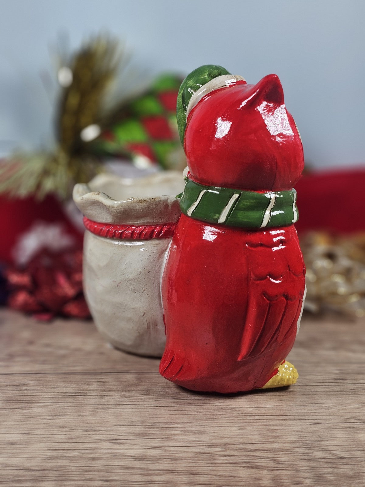 Vintage Christmas Owl Planter Figurine  80s Red Festive Decor  5.5" x 5" Fibergl