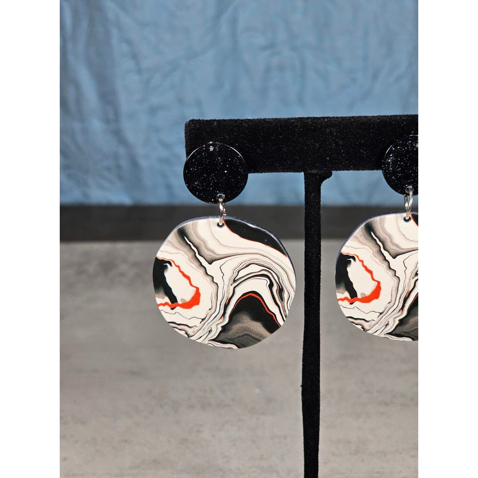 Abstract Black & White Disc Earrings with Red Accents | Pierced Stud Dangles