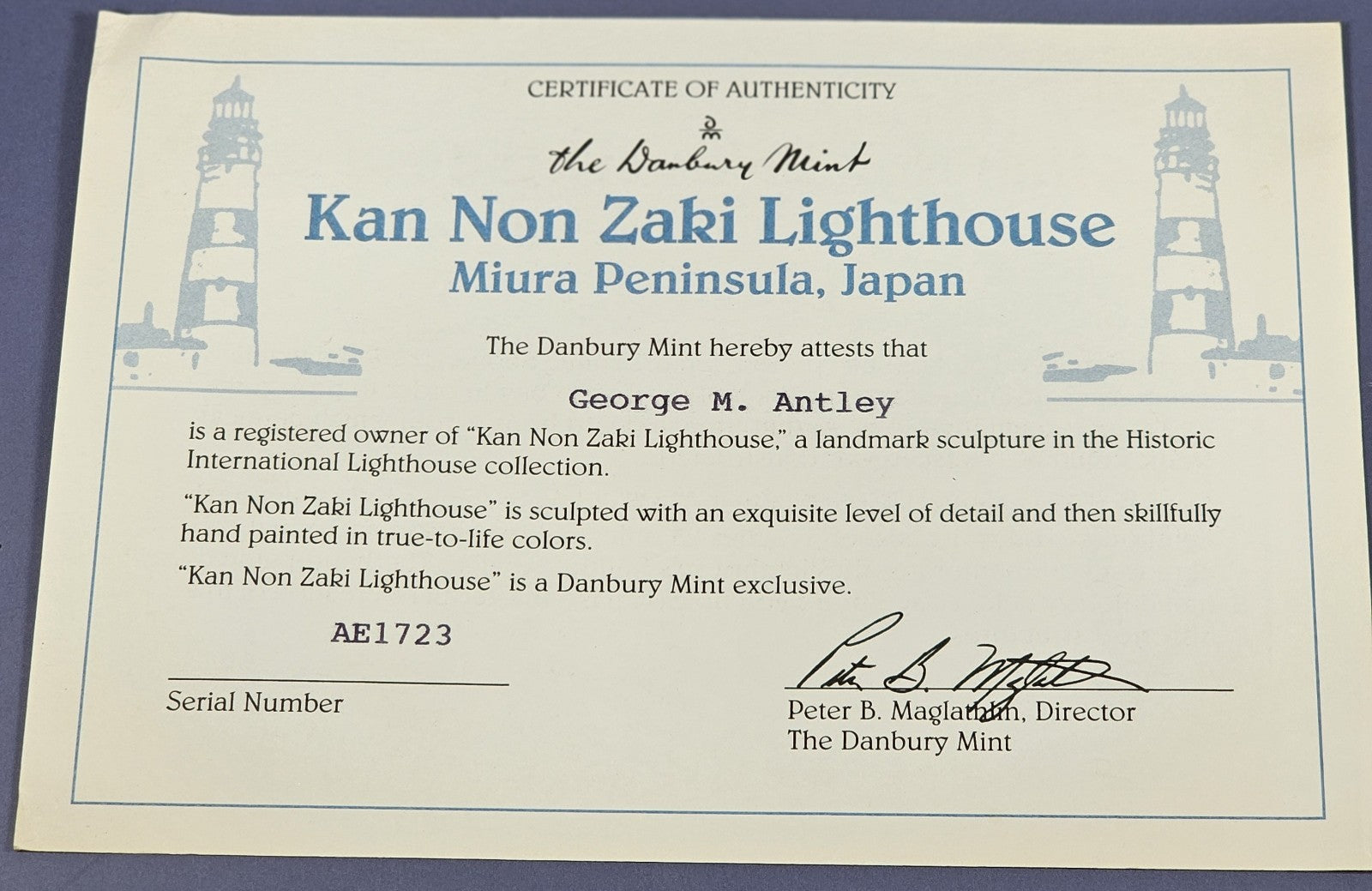 Danbury Mint Kan Non Zaki Lighthouse Sculpture Japan Collection W/ COA