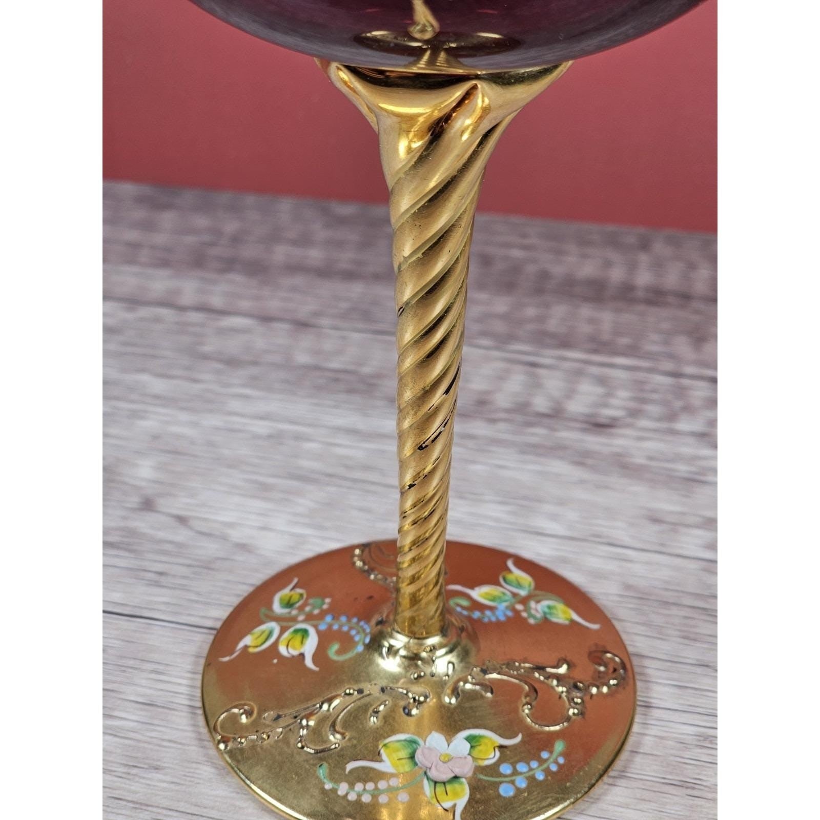 Vintage Gold Enameled Wine Glass Twisted Stem 8.75" Hand Painted