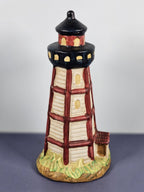 Vintage Ks Collection Beige Wood Design Red Stripe Design Lighthouse 6" Tall C