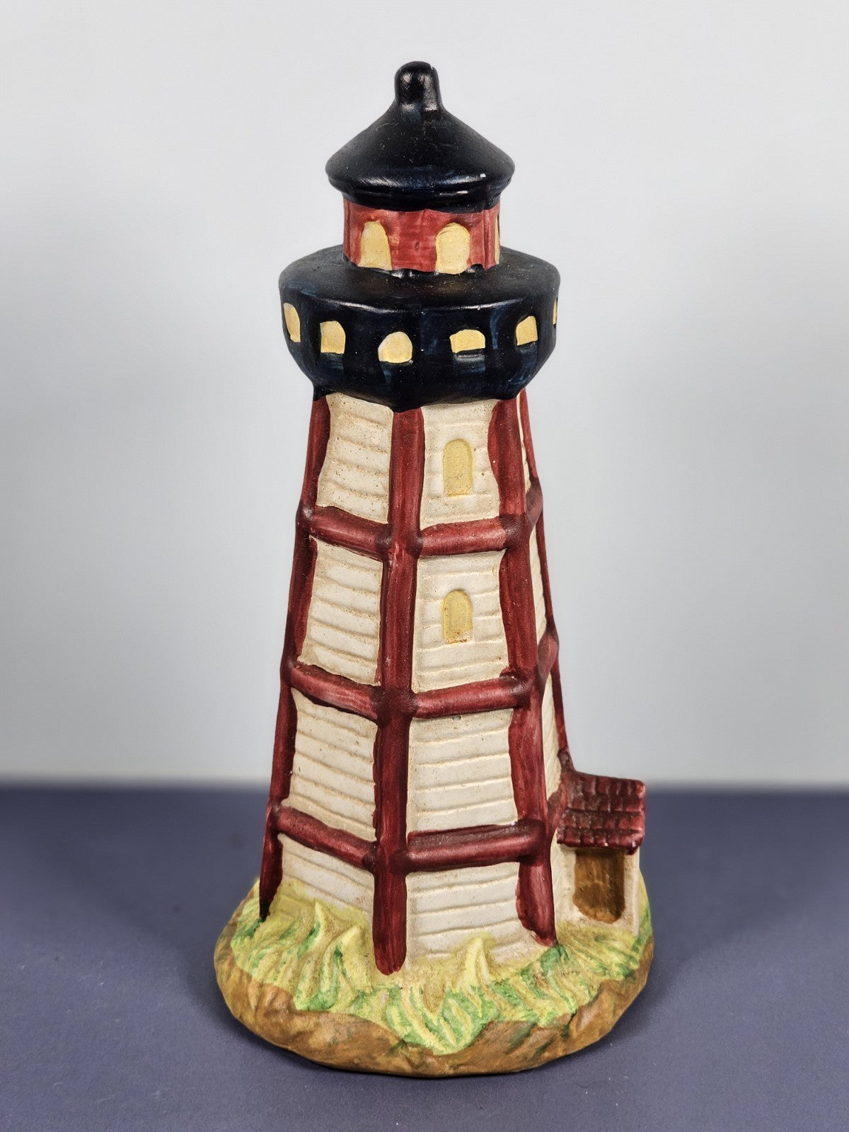 Vintage Ks Collection Beige Wood Design Red Stripe Design Lighthouse 6" Tall C