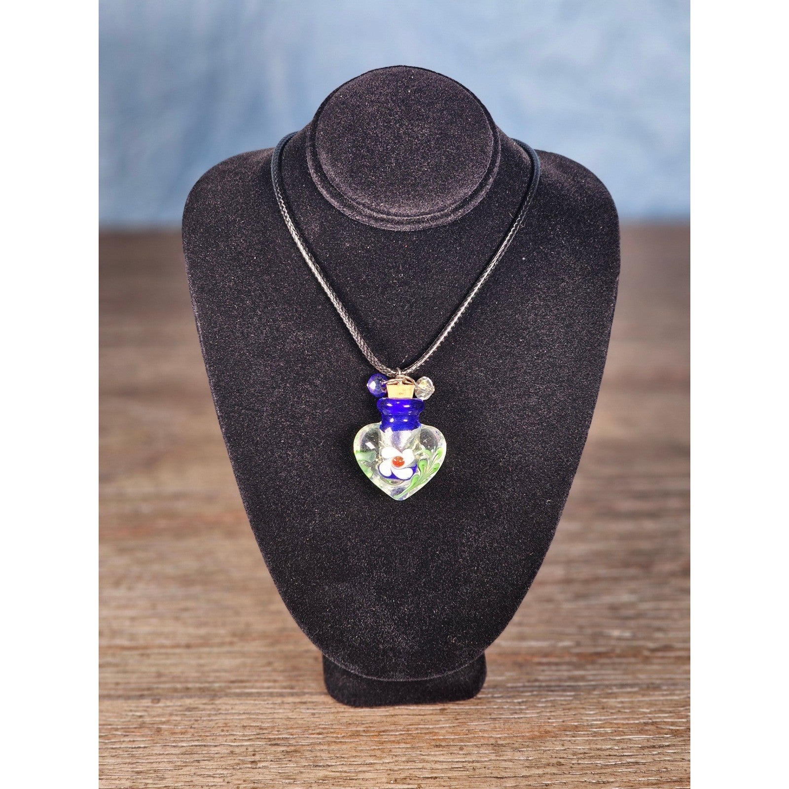 Vintage Glass Heart Bottle Pendant Necklace with Floral Design