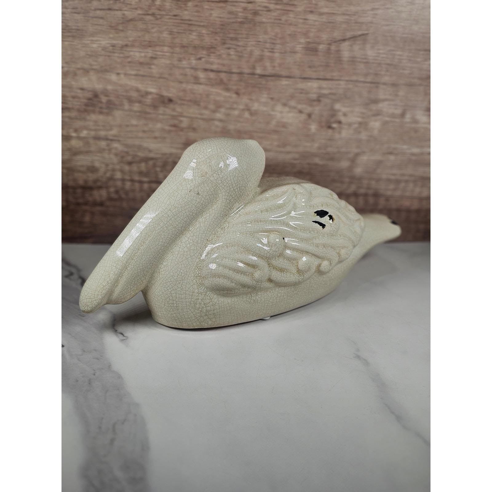 Vintage Ceramic Pelican Figurine Crackle Glaze Black Accents Decorative Bird