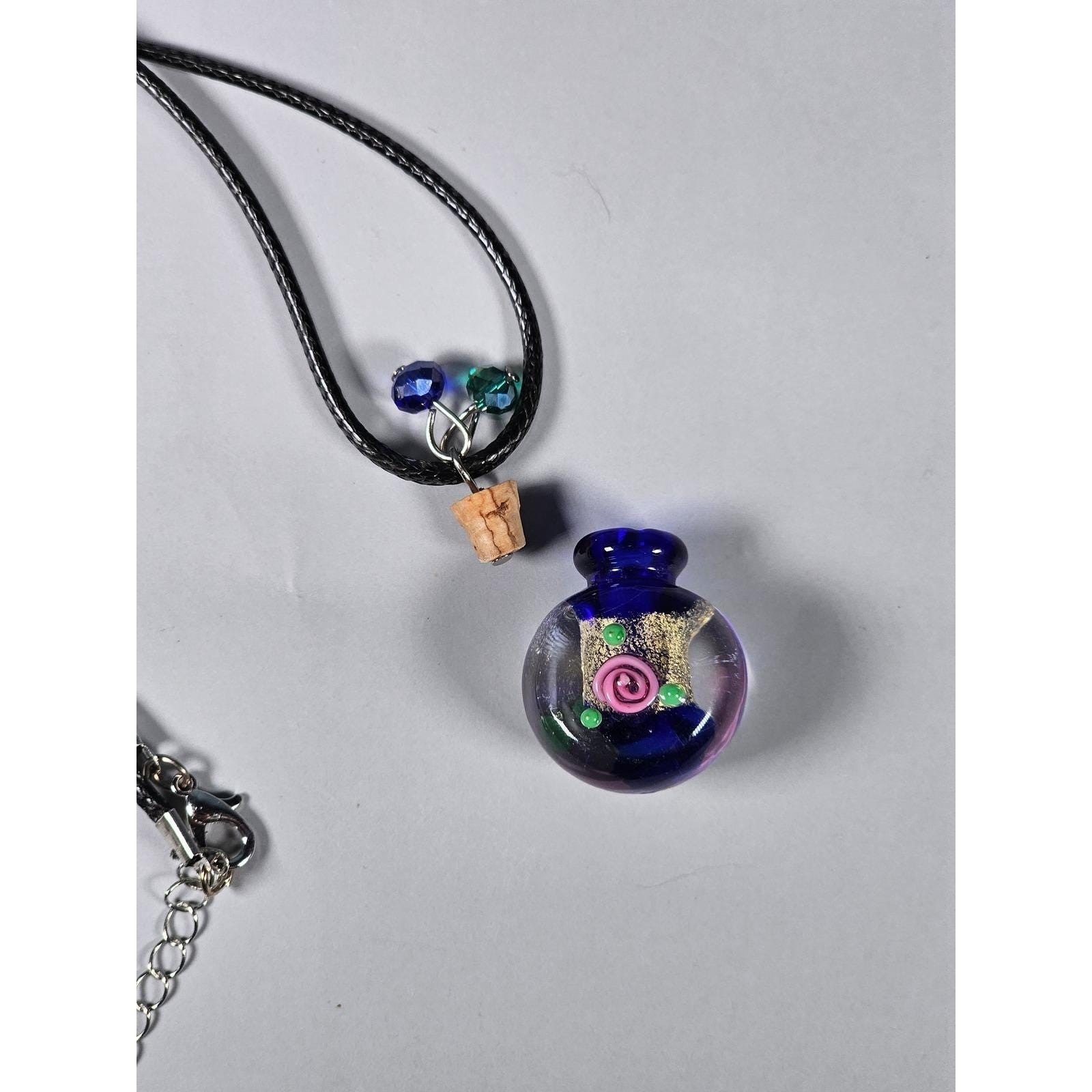 Vintage Glass Potion Bottle Necklace with Cork Stopper on Black Cord