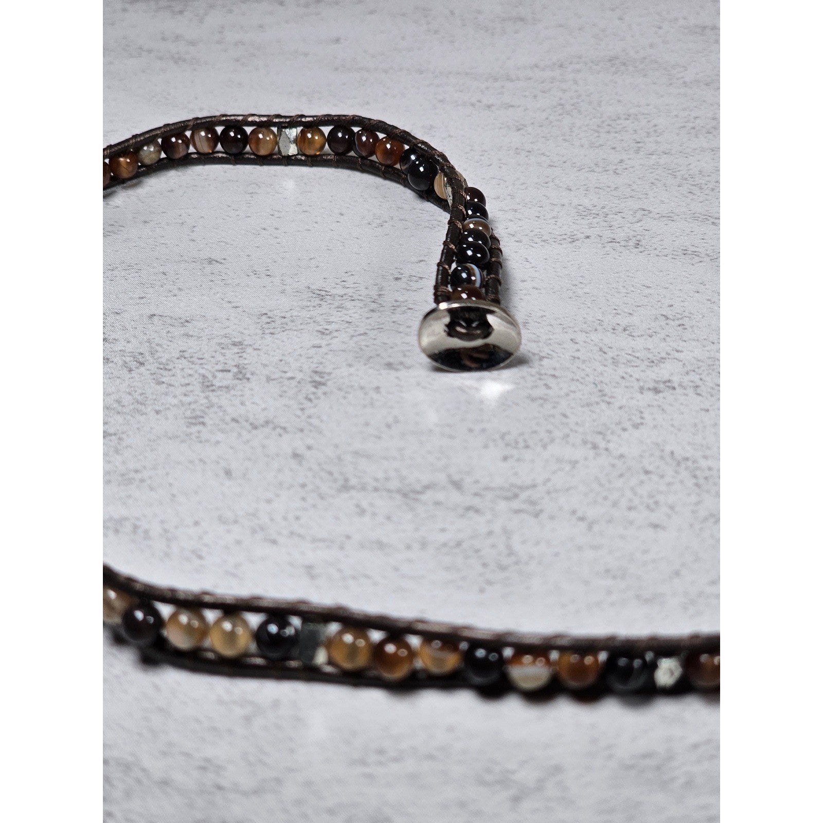 Brown Beaded Wrap Bracelet Leather Cord Multi Tone Stone Boho