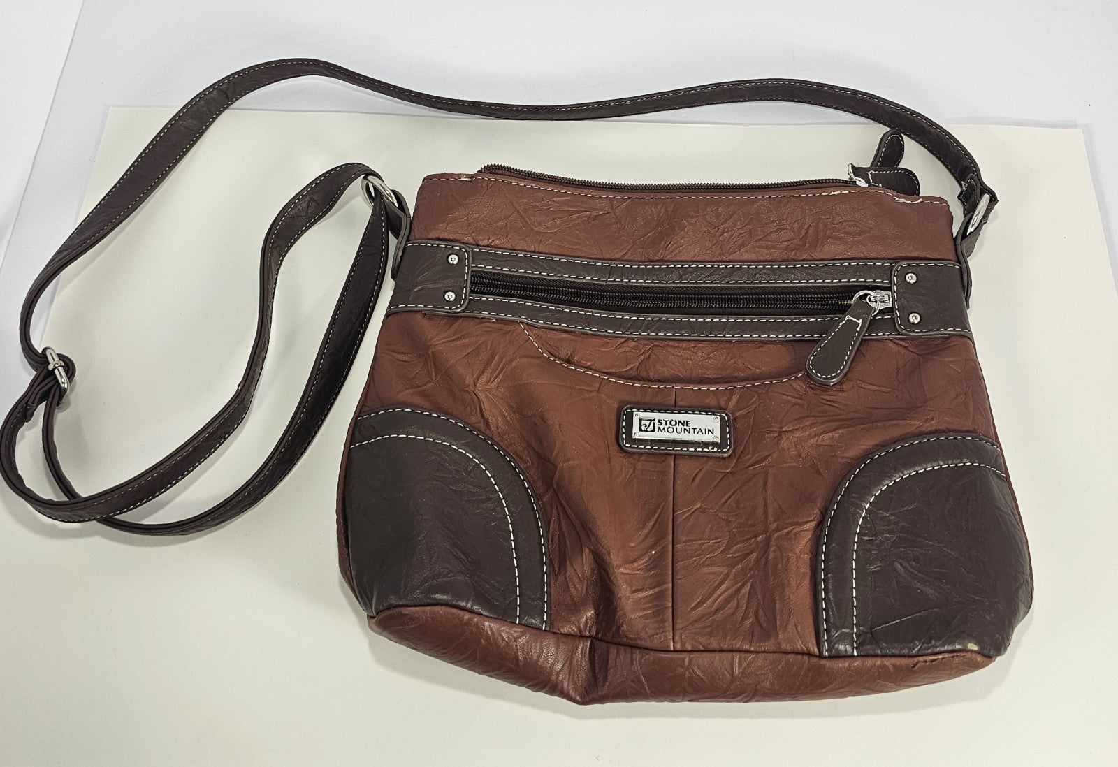 Stone & Co Shoulder Bag Purse Faux Leather Brown Cognac Zip Pockets