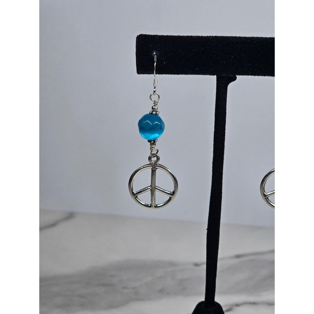 Vintage Sterling Silver Peace Sign Dangle Earrings Blue Bead .925