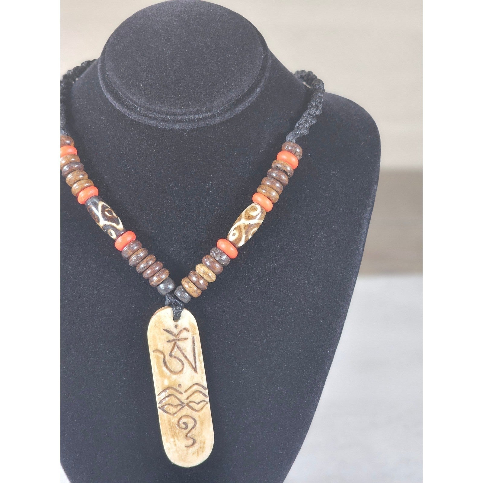 Vintage Carved Pendant Necklace Beaded Tribal Style Statement