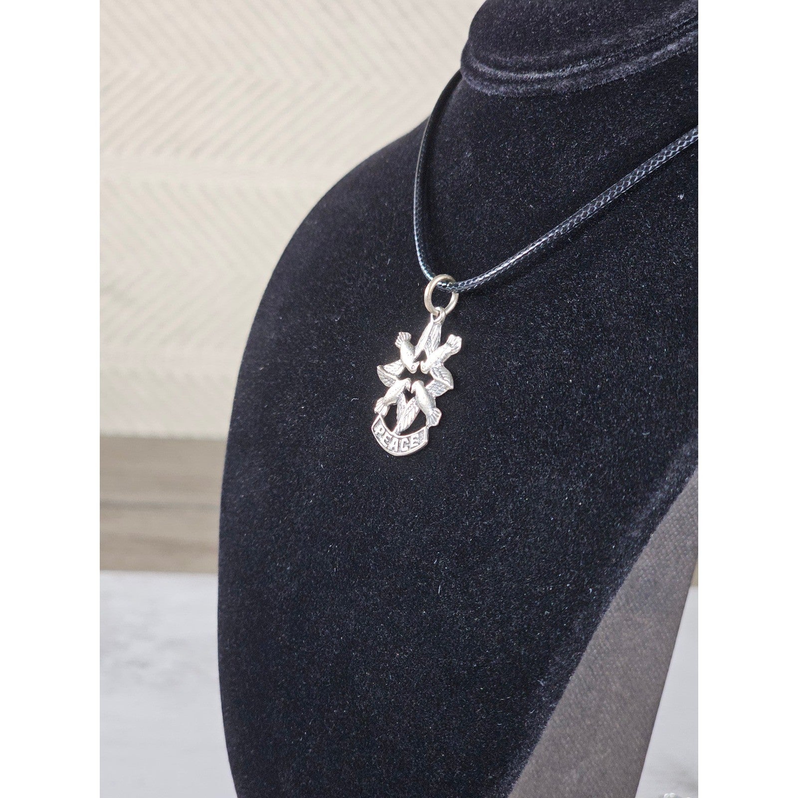Vintage Peace Dove Necklace, Bird Charm on Black Cord