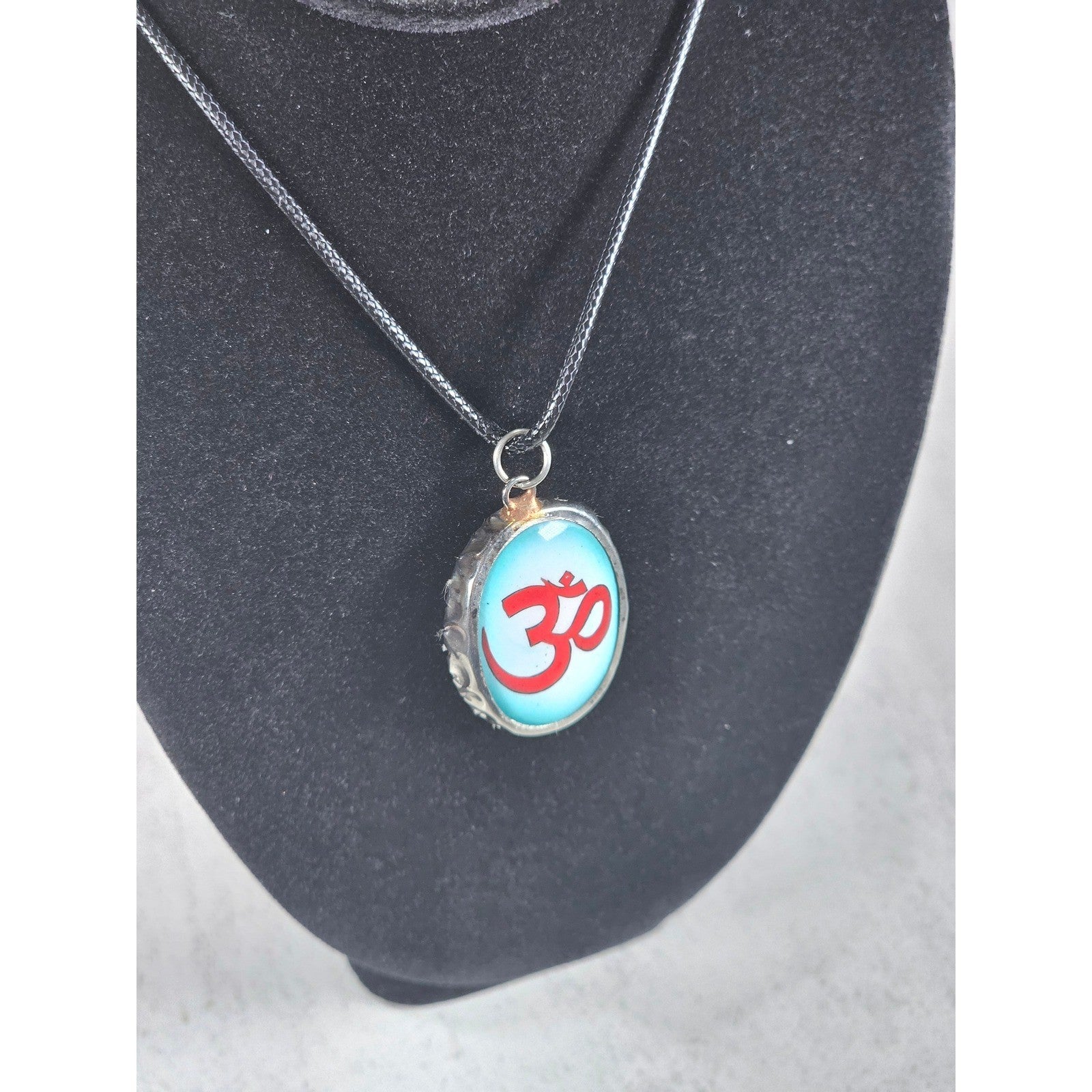 Vintage Om Pendant Necklace Blue Red Symbol Black Cord
