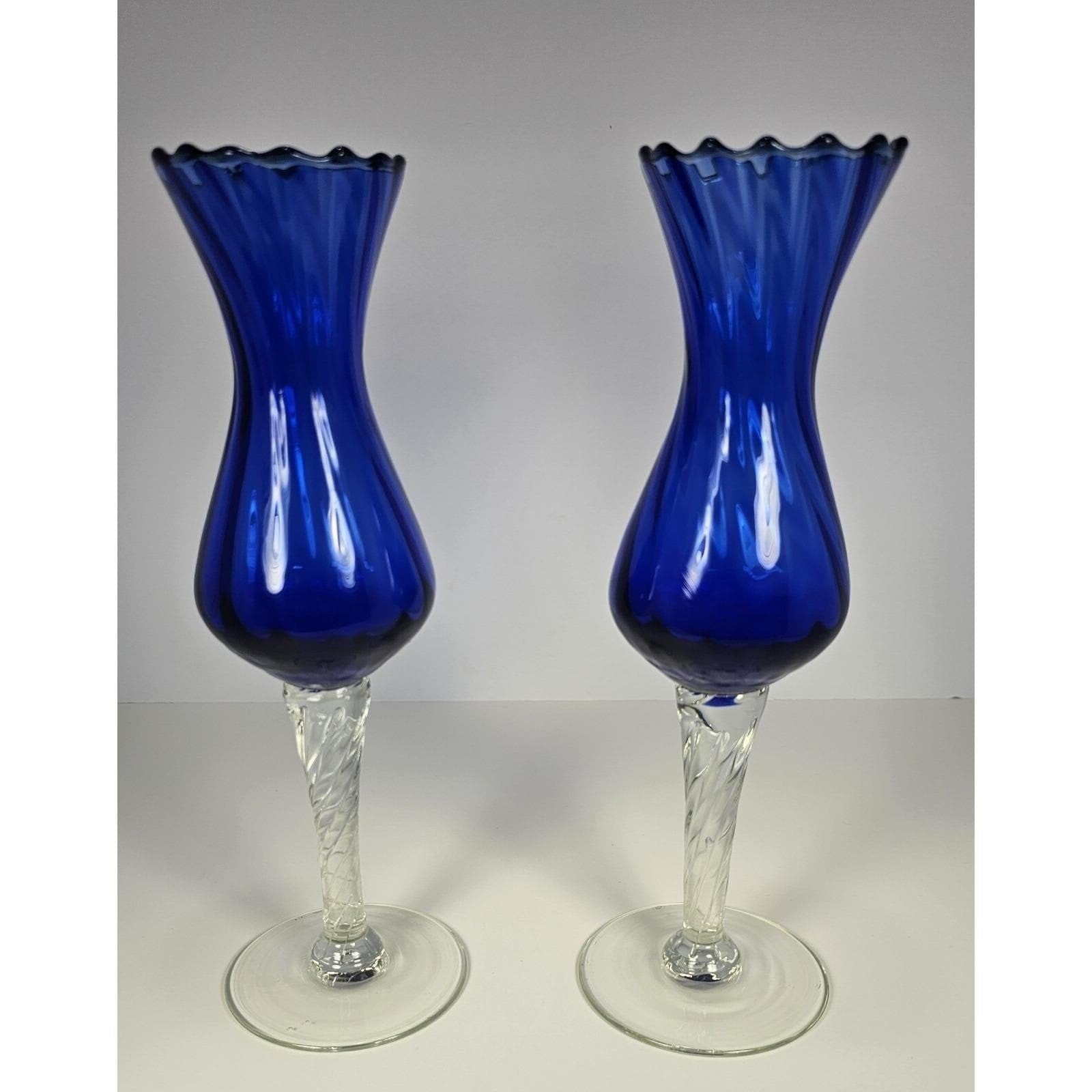 Vintage Blue Optic Swirl Wine Goblets Set of 2 Tall Twisted Stem Glass