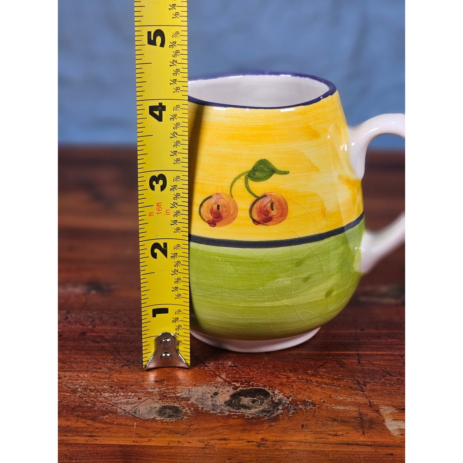 Vintage Ceramic Small Cherry Pitcher Yellow Green Hand Painted Country Kitchen