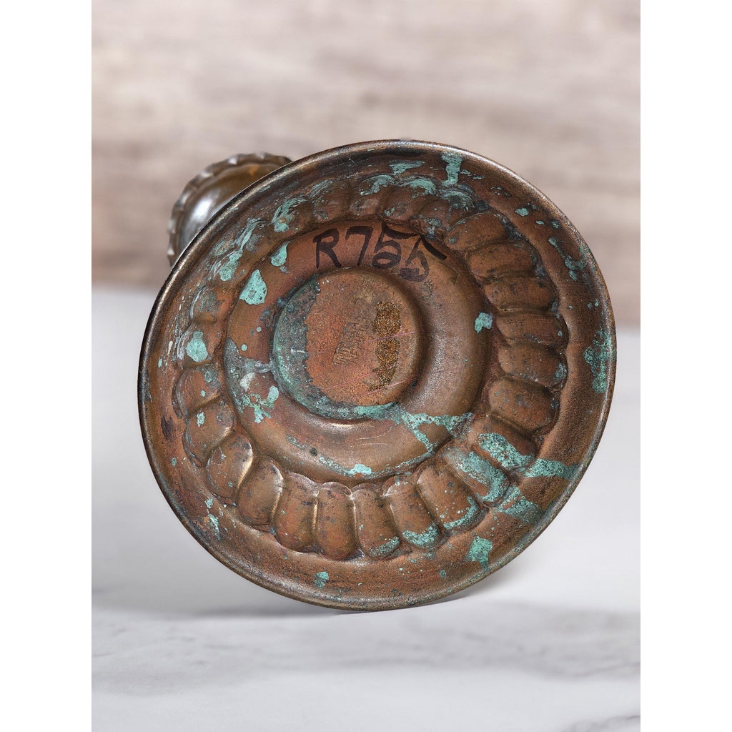 Antique Tinned Copper Candlestick Holder 12" Embossed Design