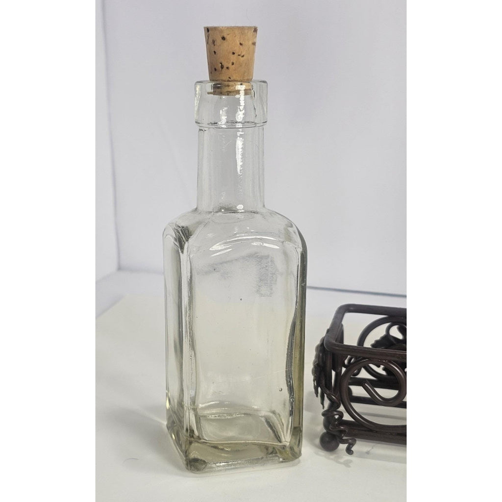 Vintage Oil Vinegar Cruet Set Glass Bottles Metal Caddy