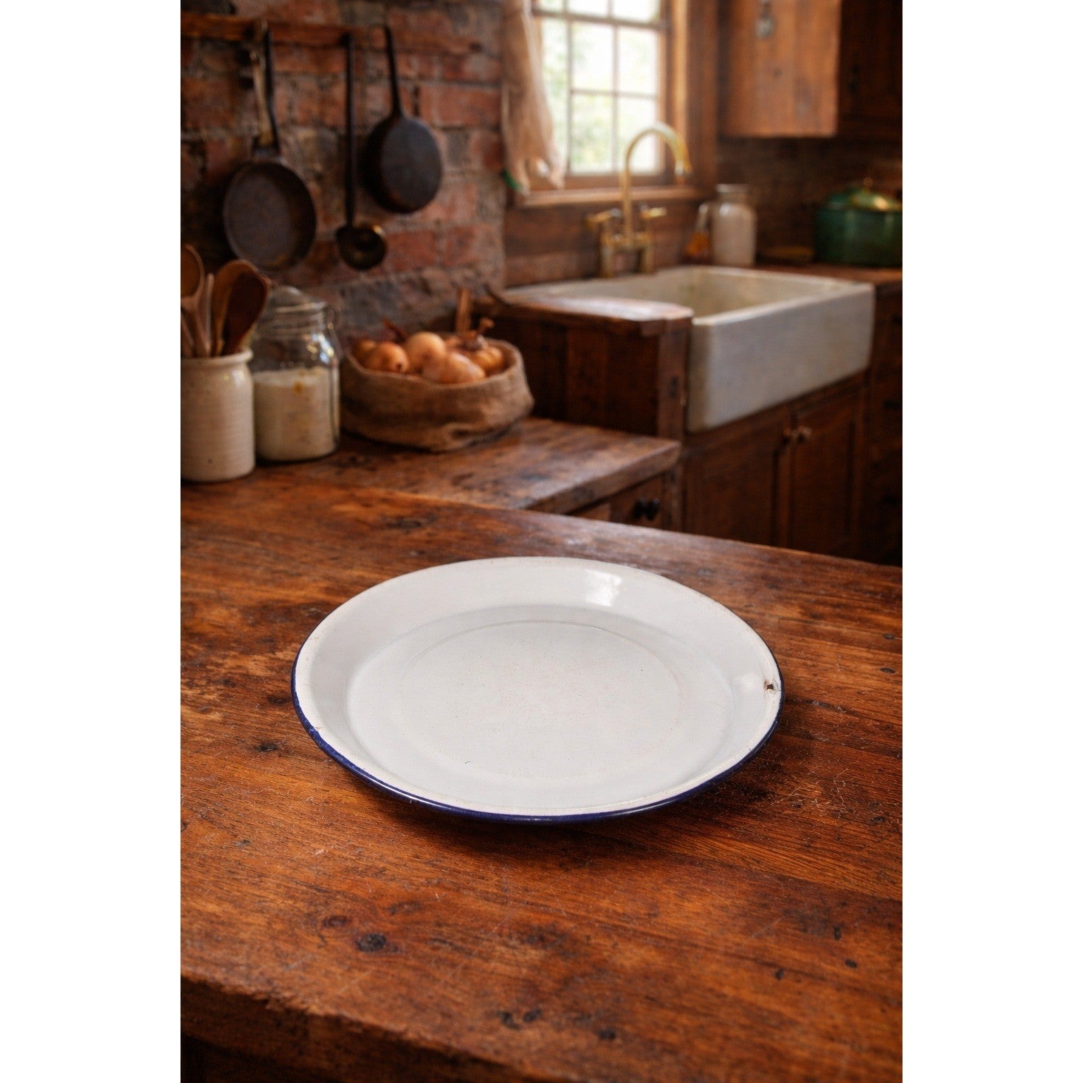 Vintage White Enamel Plate with Blue Rim | Farmhouse Kitchen Decor | 9 Inch