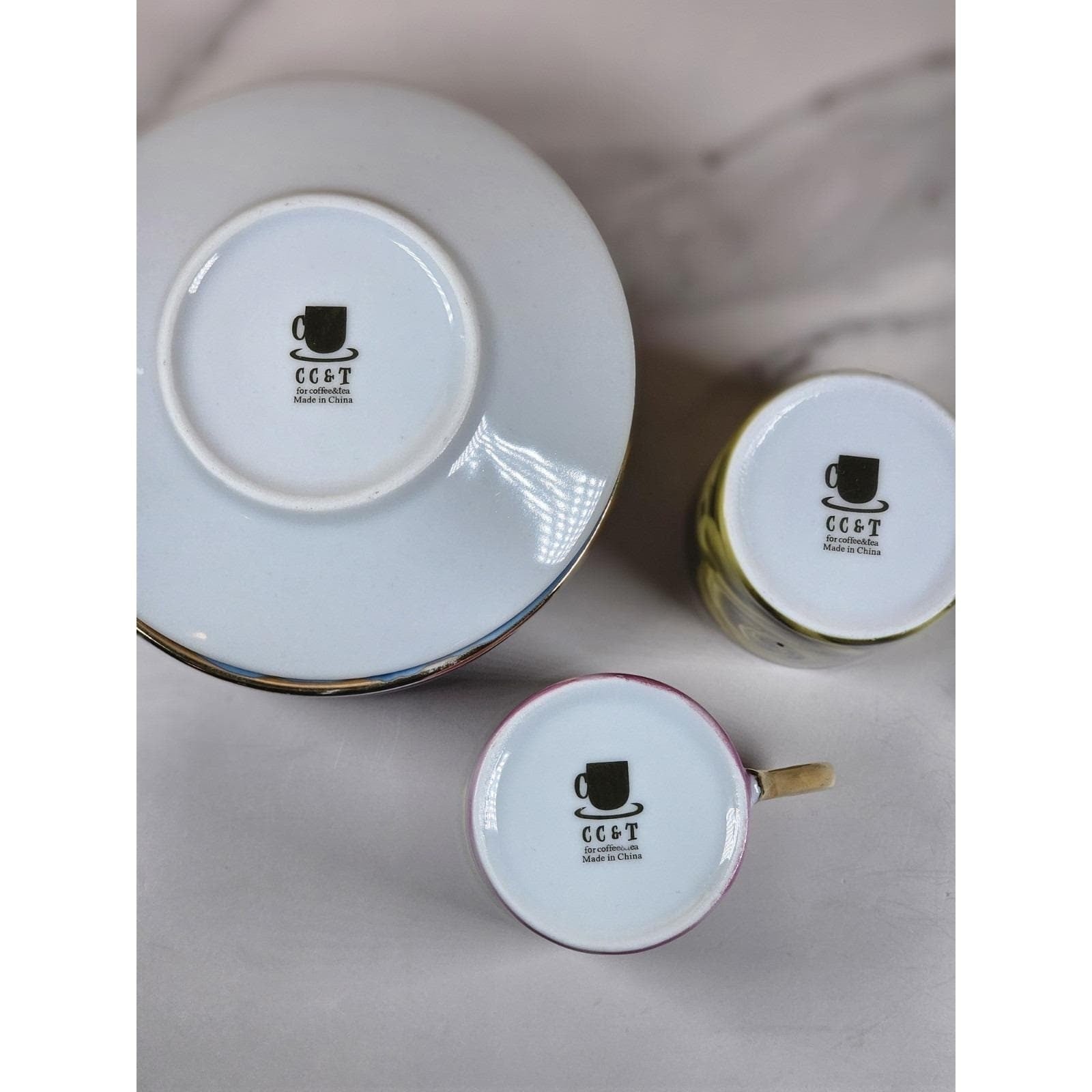 Vintage Floral Coffee Cup & Saucer Set Multicolor Roses Gold Handles