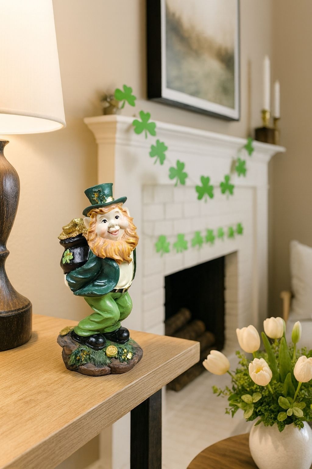 Saint Patricks Day Ceramic Leprechaun Figurine Holding Pot Of Gold Glittered