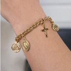 Vintage Gold Tone Religious Charm Bracelet Cross Medal Coin