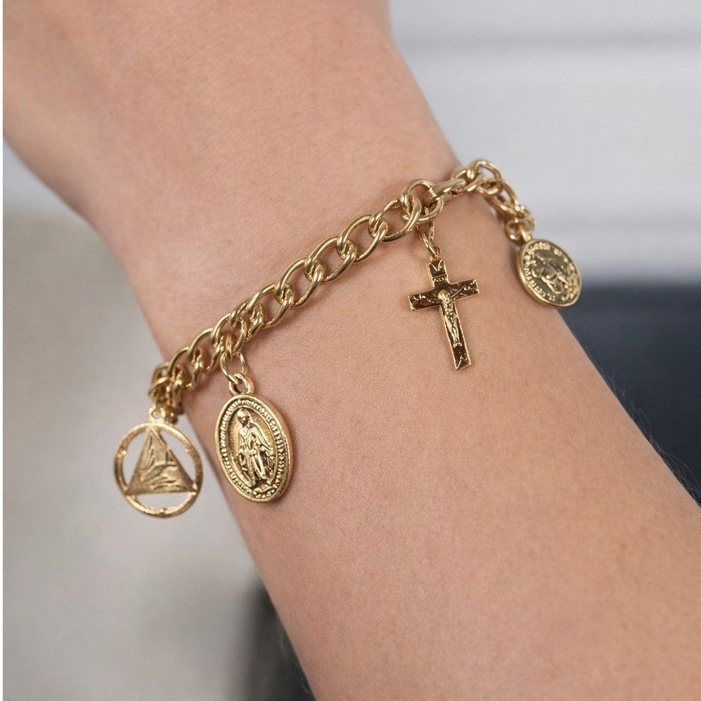 Vintage Gold Tone Religious Charm Bracelet Cross Medal Coin
