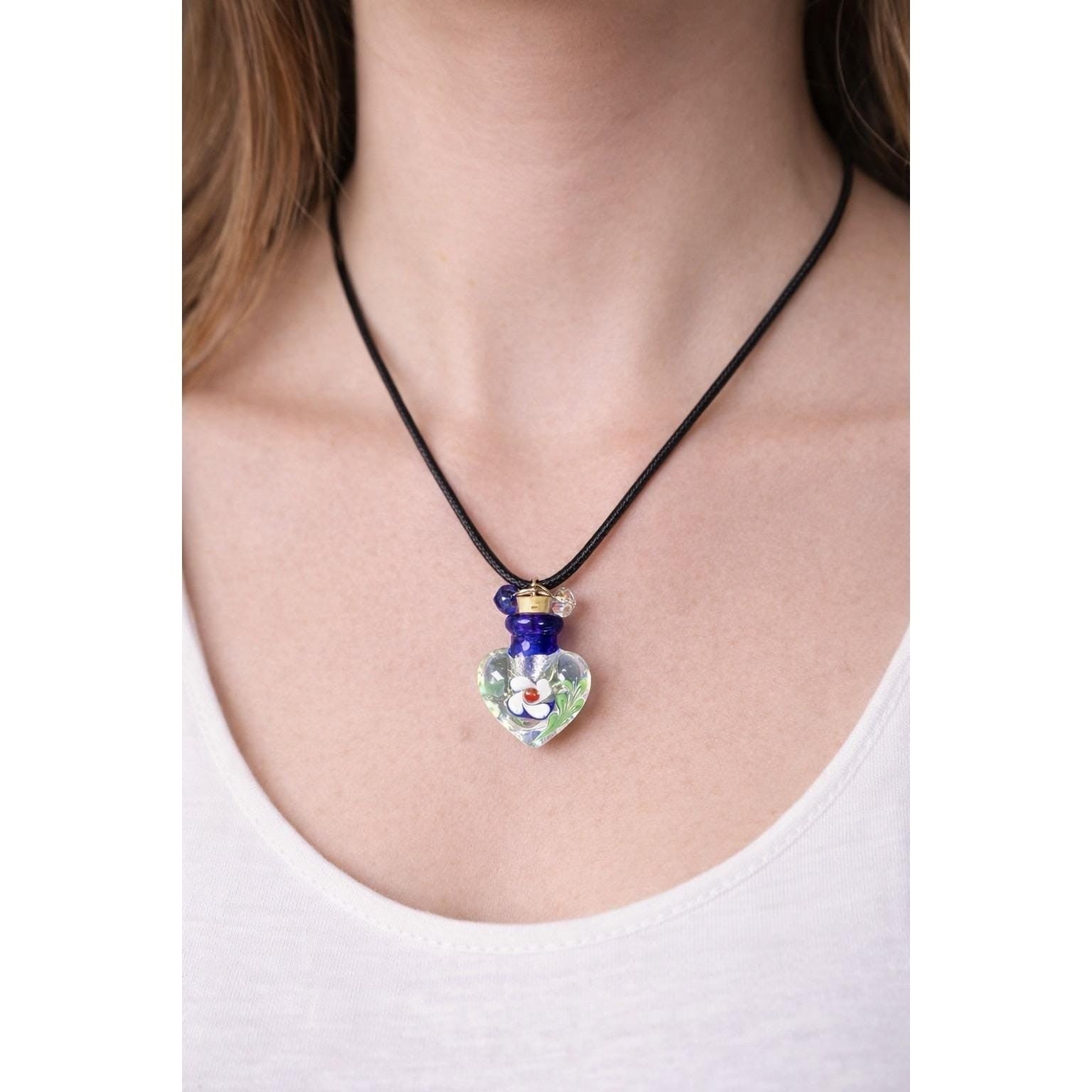 Vintage Glass Heart Bottle Pendant Necklace with Floral Design
