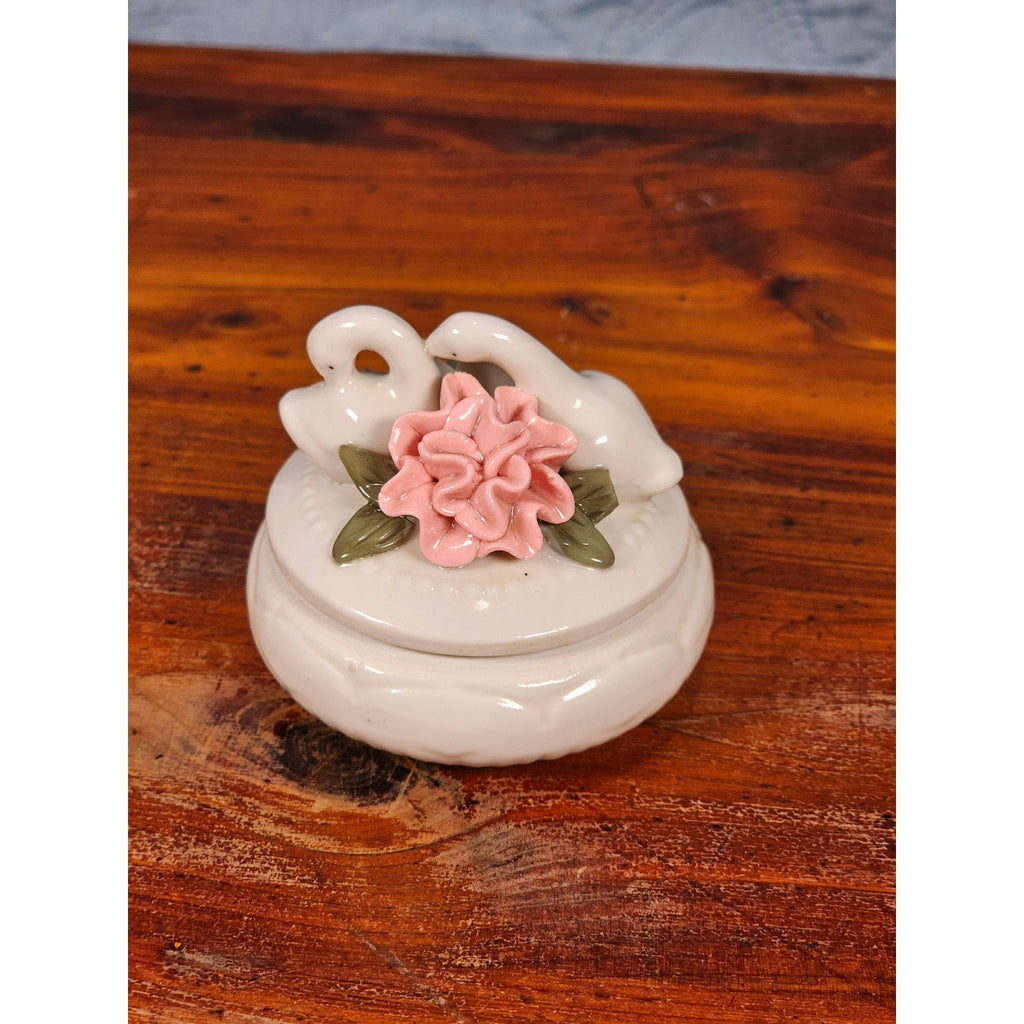 Vintage Ceramic Swan Trinket Box with Pink Rose | Romantic Jewelry Keepsake Box
