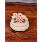 Vintage Ceramic Swan Trinket Box with Pink Rose | Romantic Jewelry Keepsake Box