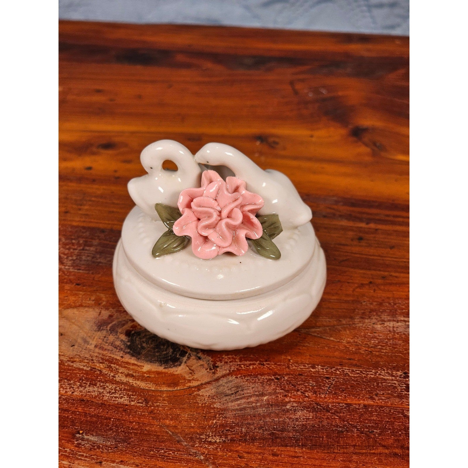 Vintage Ceramic Swan Trinket Box with Pink Rose | Romantic Jewelry Keepsake Box