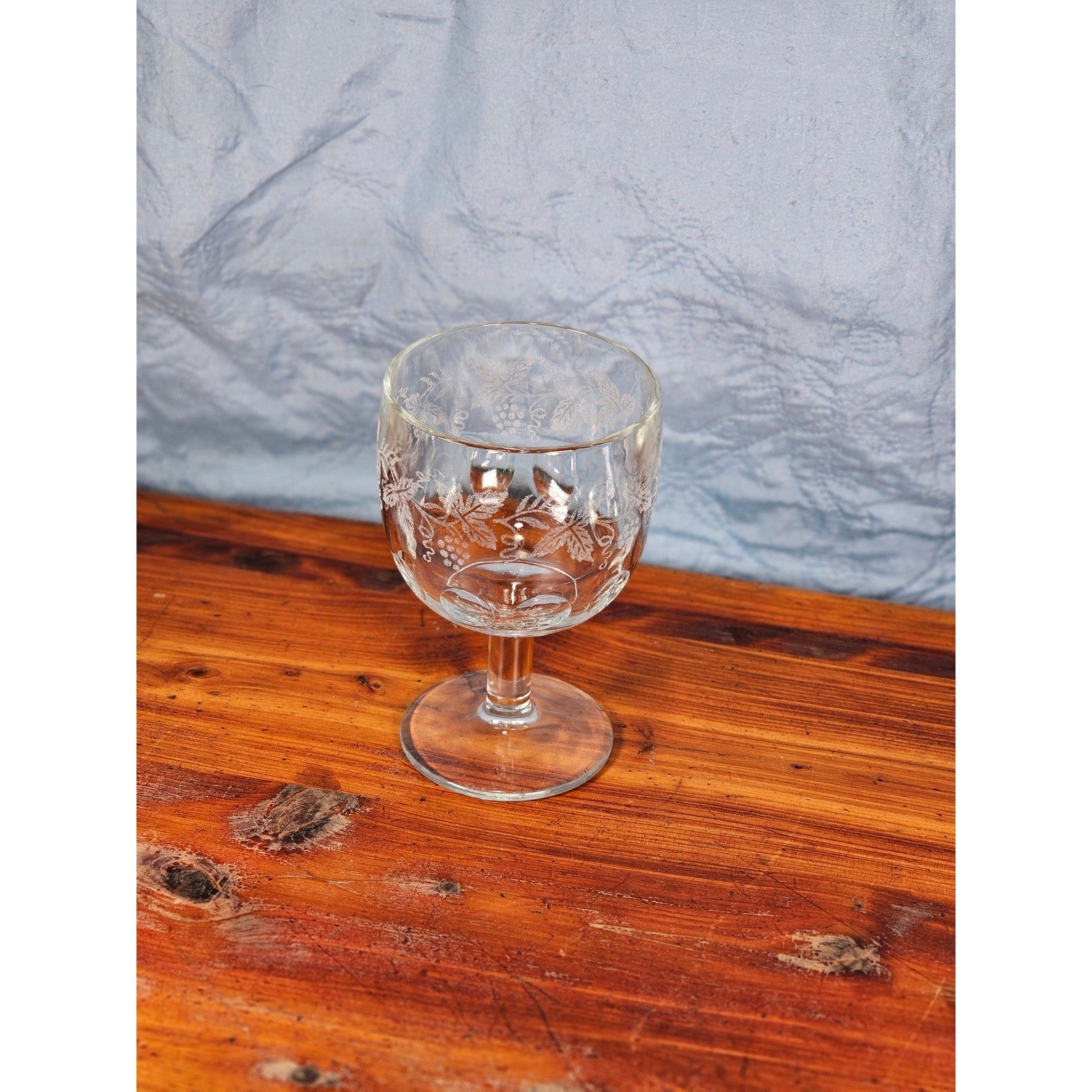 Vintage Etched Glass Goblet Grape Vine Design Clear Stem Wine Glass